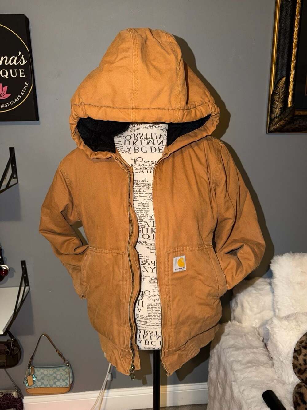 Carhartt Quilted Lined Hooded Jacket Size M 10-12 Brown Canvas